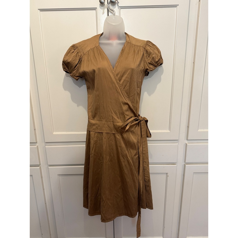 Calypso Christiane Celle 100% Silk Wrap Dress Tan Bronze Short Puff Sleeve S USA